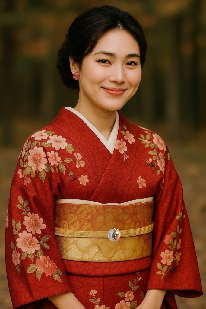 紅葉色の着物をまとい、アンティークレッドのチェコガラスアクセサリーを身につけた女性の着画