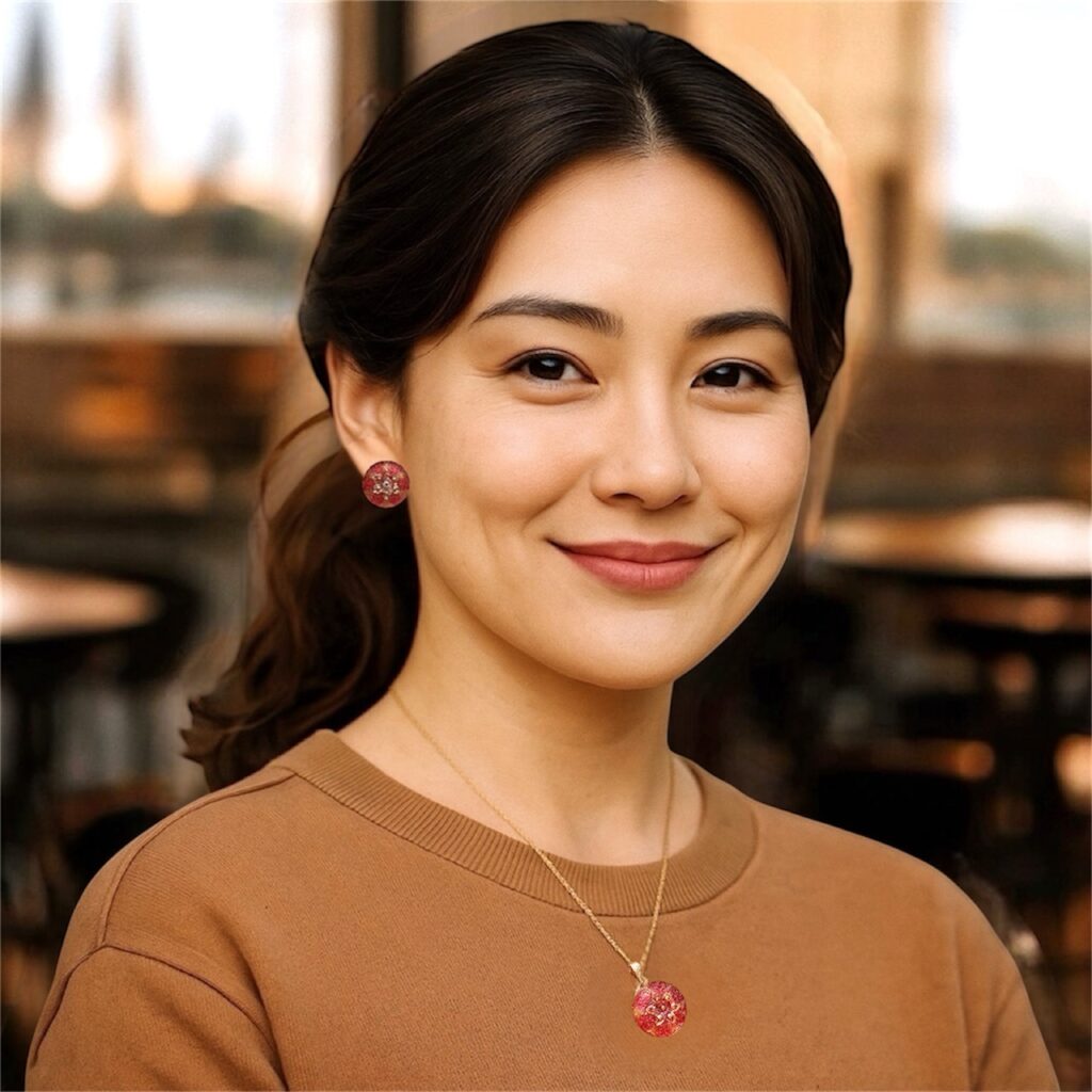 アンティークレッドのチェコガラスアクセサリー(紅葉の光彩)を身につけた女性のカジュアル着画