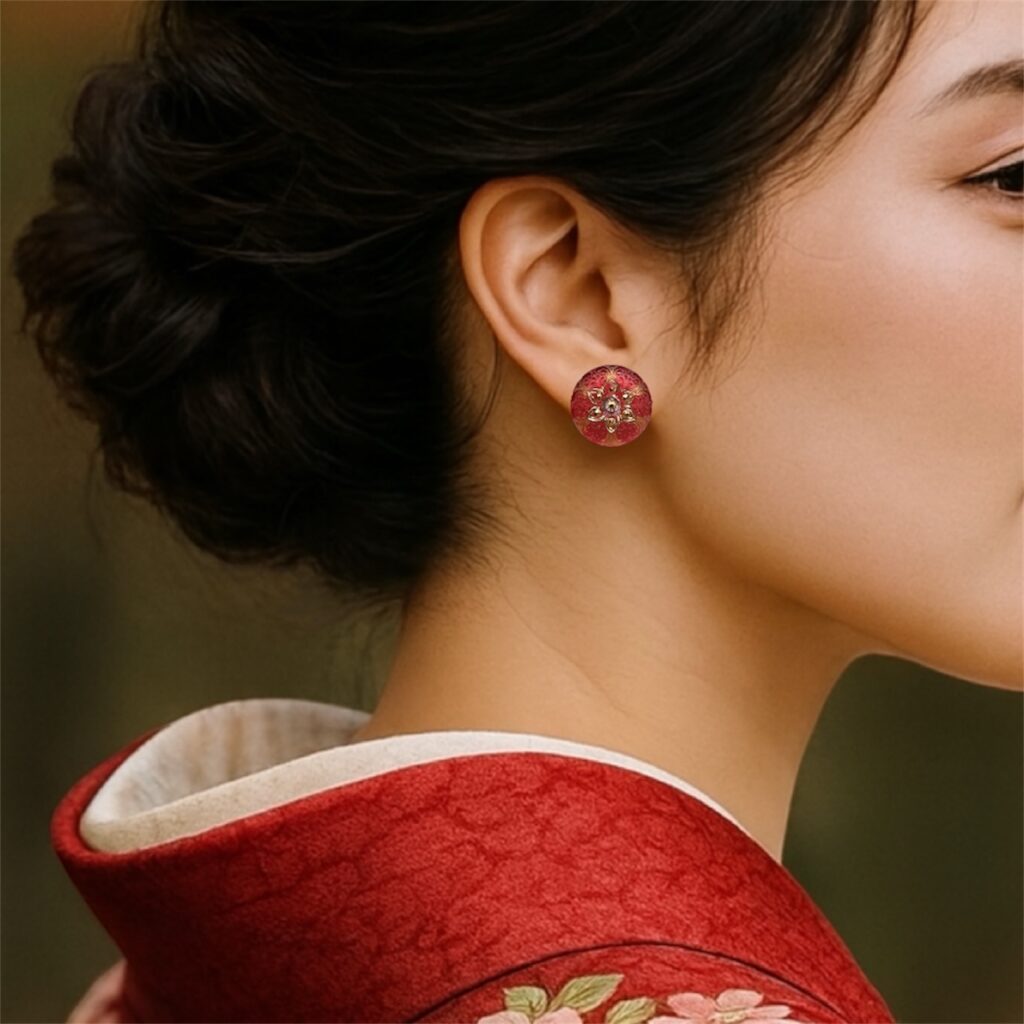 アンティークレッドのチェコガラスイヤリングを着用した女性の横顔の着画