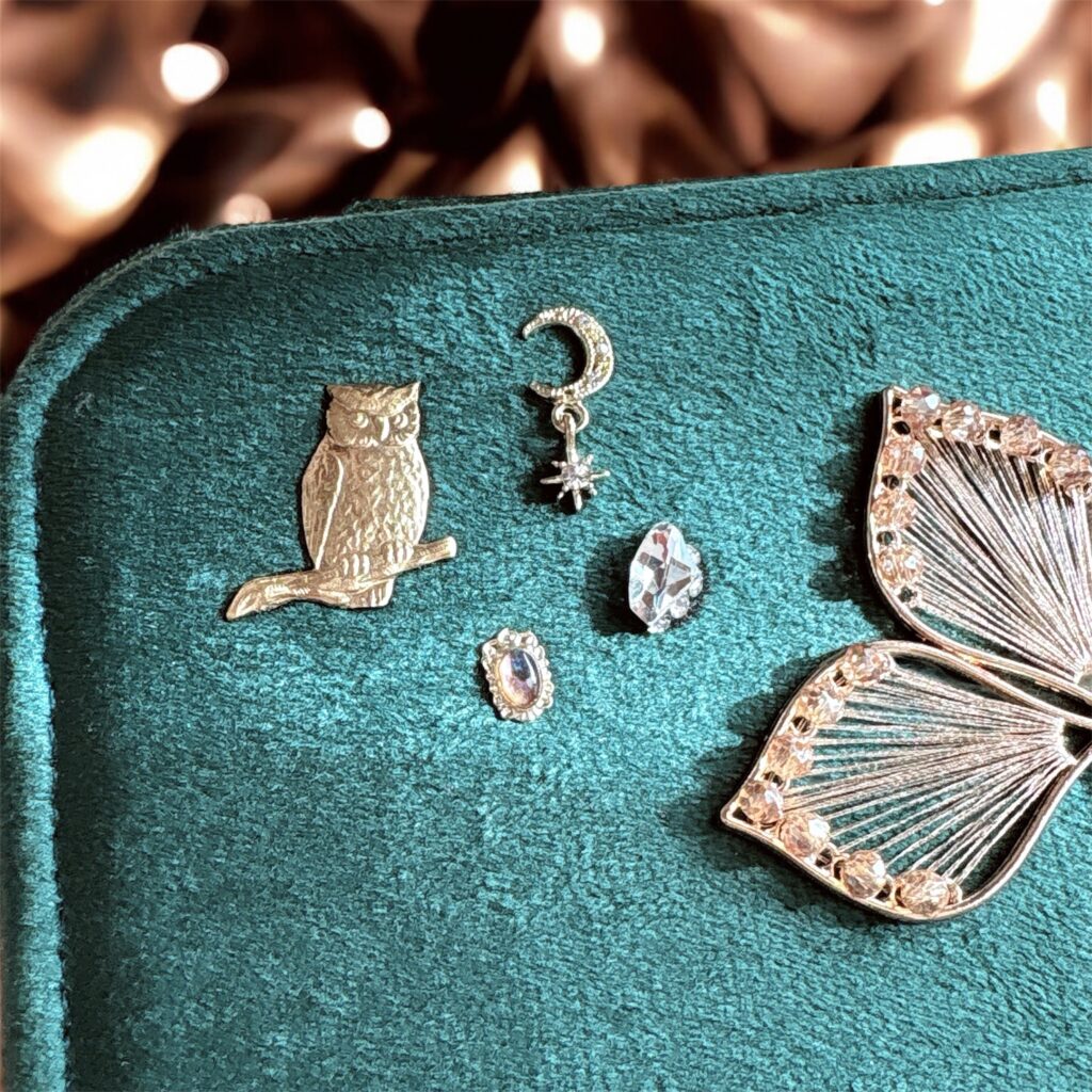 「深緑のベルベット調ジュエリーケースに、ふくろう・月と星・チェコガラスのパーツが並べられた Fairy Realm Collection の装飾ディテール」