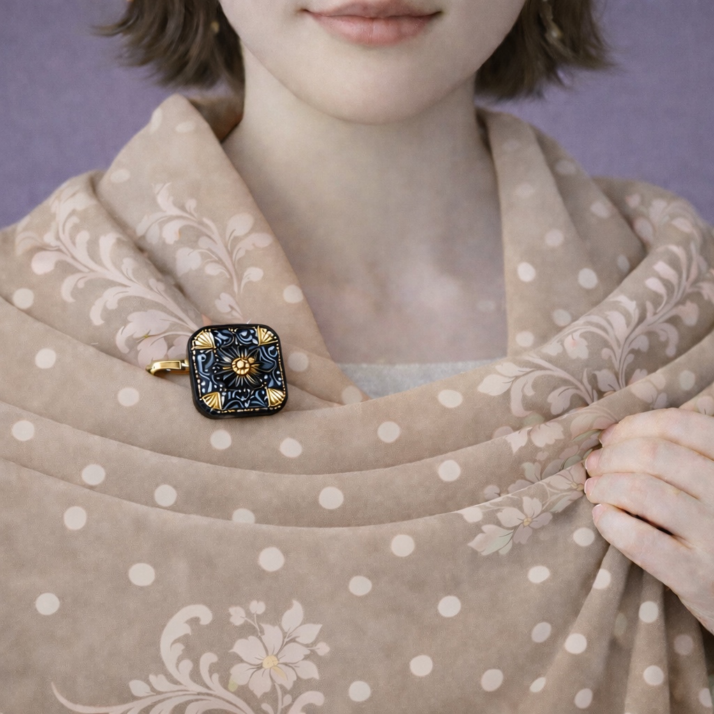 チェコガラスのストールピン 夜煌 ブラック×ゴールド 着用イメージ
