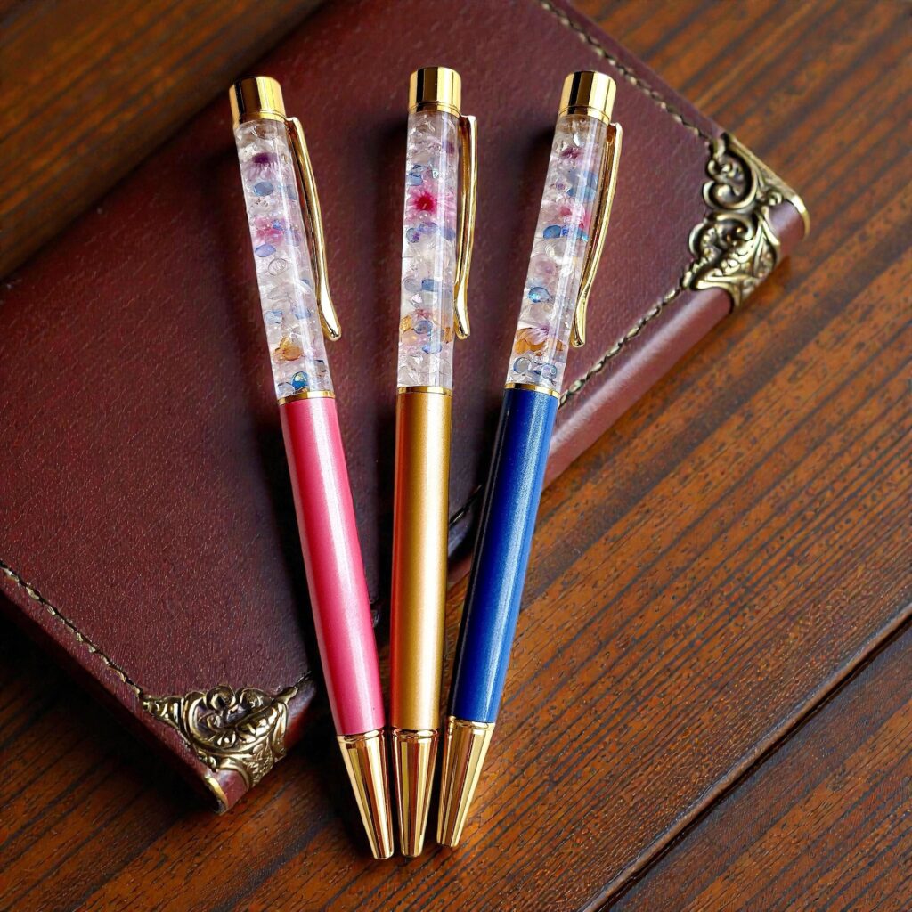 Moonlit Bloom｜夜のしずく色を閉じ込めたハーバリウムボールペン。深いブルー・優しいピンク・ゴールドが並ぶ、アンティークノートの上で静かに輝くシーン。