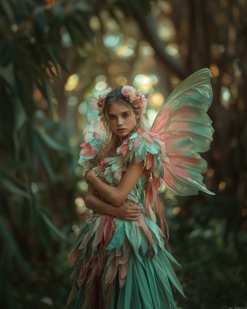 ミントとピンクの羽を持つDewdrop Fairy が森の中で佇むイメージアート。柔らかな光の粒が漂い、朝露のような透明感を感じる幻想的な世界観。