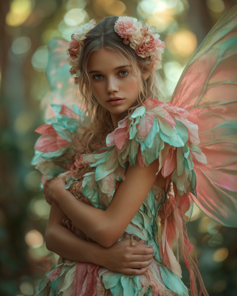 ミントとピンクの花冠と羽を纏ったDewdrop Fairy のポートレイト。柔らかな光と淡い色彩が、Petal Fairy シリーズの優しい世界観を象徴するイメージ。