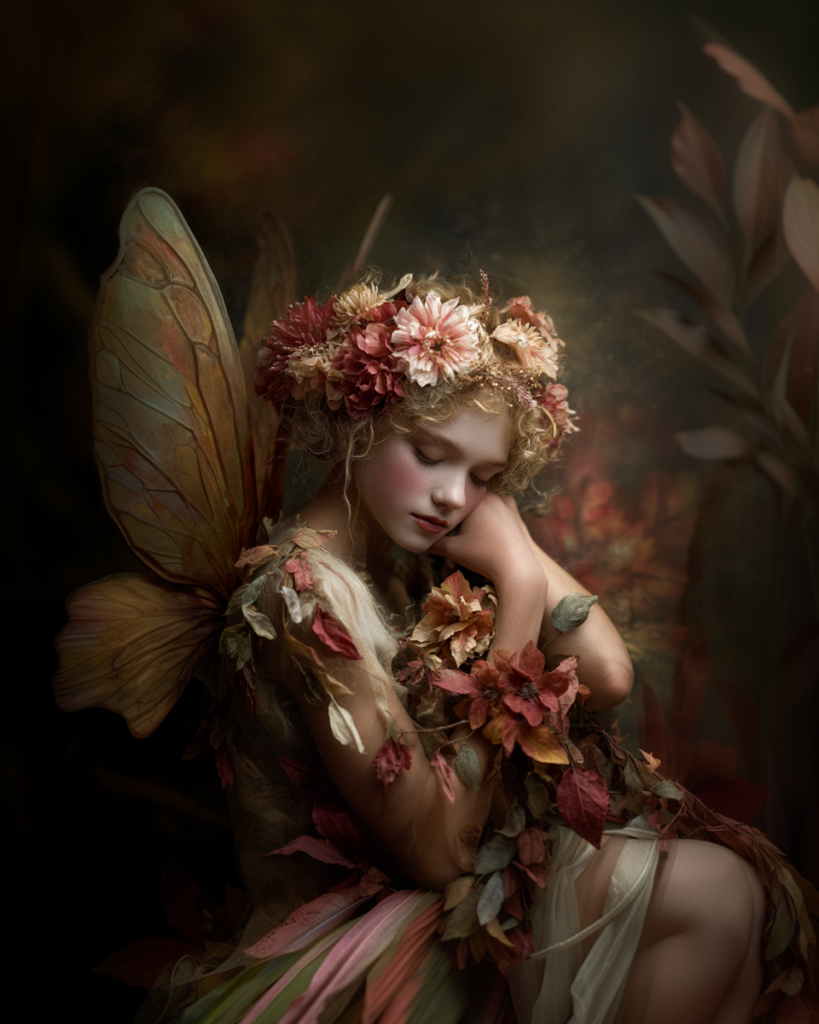 アンティーク調の壺を抱えながら静かに佇むRosette Fairyの横向きイメージ写真