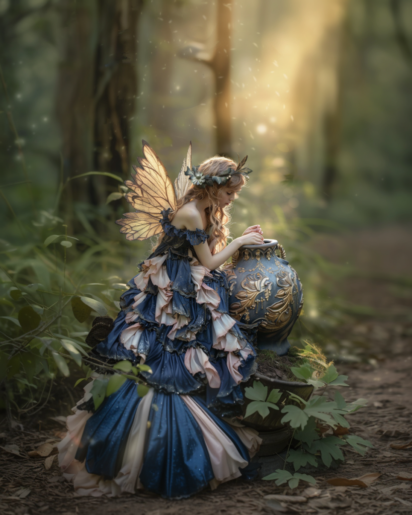 Moonlit Fairy｜森の薄明かりの中で祈りを捧げるように佇むフェアリー。ネイビーとベージュのドレスがMoonlit Bloomの静かな世界観を象徴する幻想的な一枚。