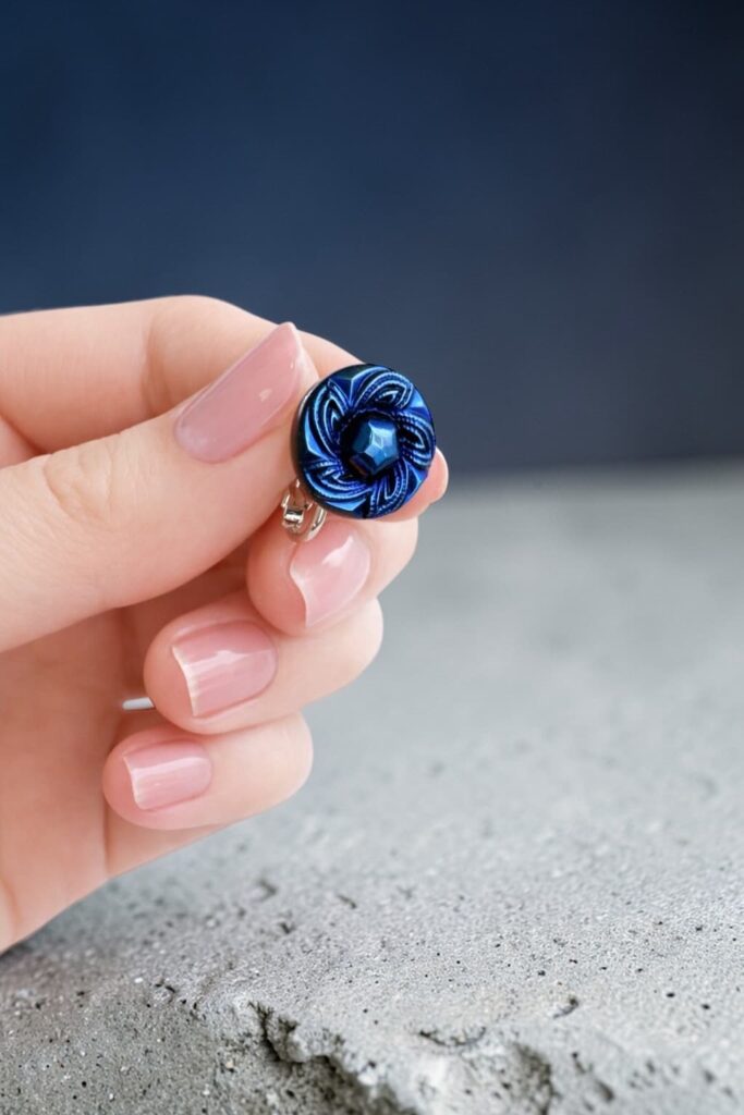 手に持った蒼いチェコガラスイヤリング。光を受けて深い青が静かに輝くデザイン