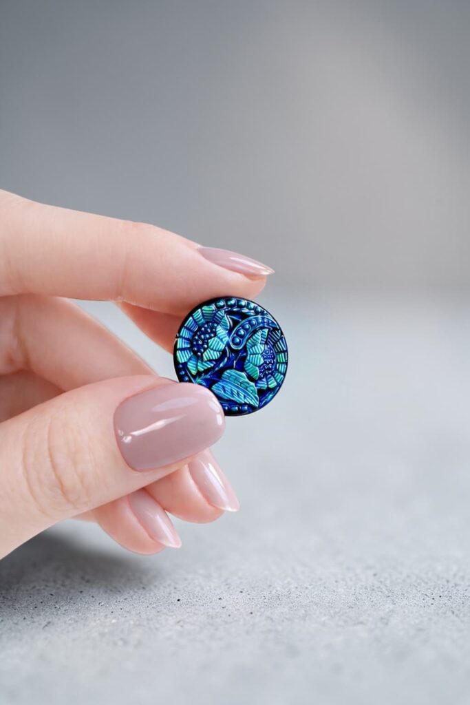 指先で持たれたチェコガラスのパーツ。青く繊細な模様が光を受けて浮かび上がり、小さな中に豊かな表情が感じられる。