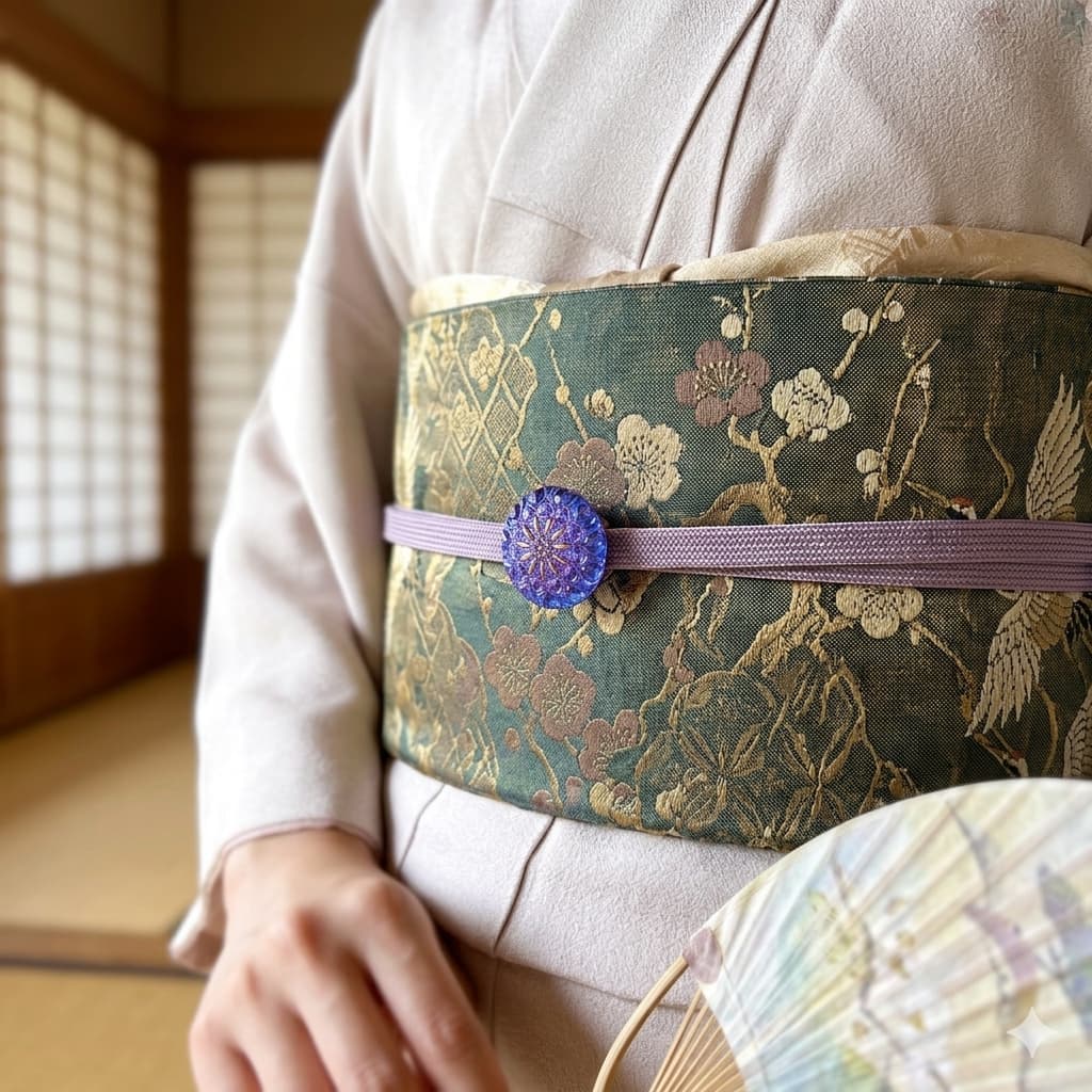 着物に合わせた「瑠璃の花 -Ruri Bloom-」のチェコガラス帯留。瑠璃色の花模様が、やわらかな藤色の帯締めと調和し、静かな彩りを添えている。