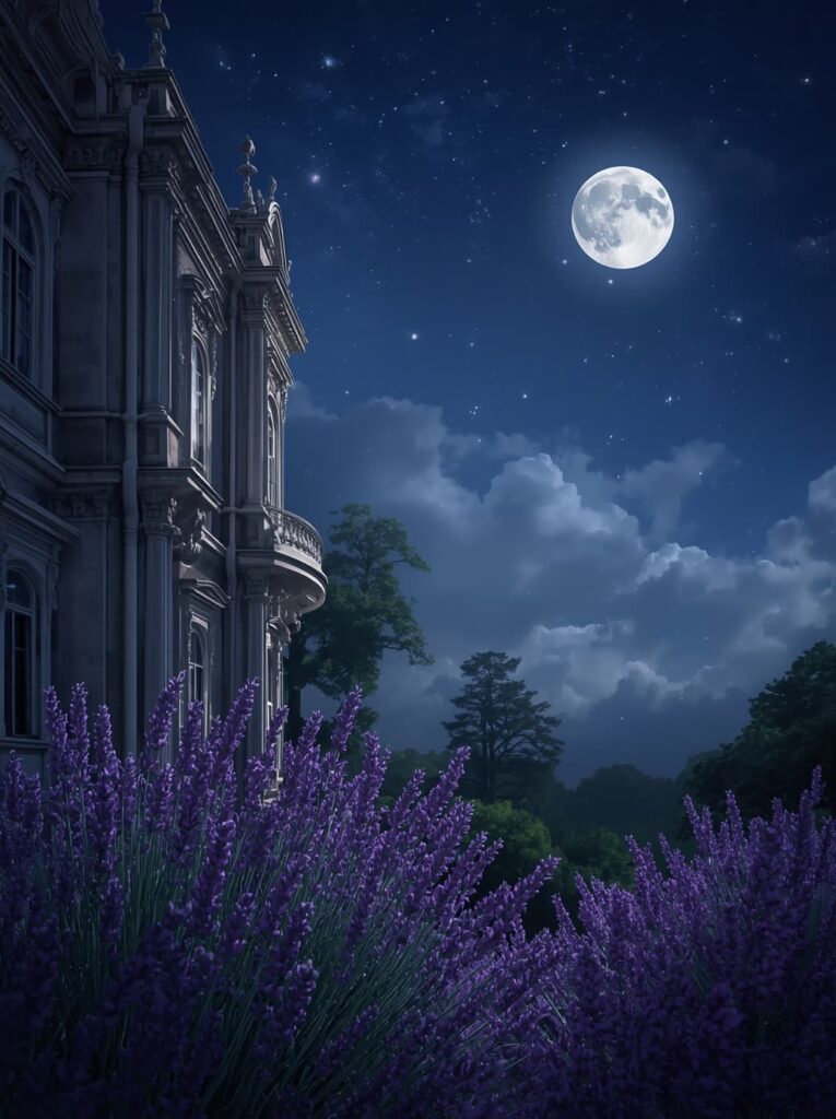 月明かりに照らされたLavender Hillの夜の風景。Planet Collectionの着想につながる幻想的な景色。
